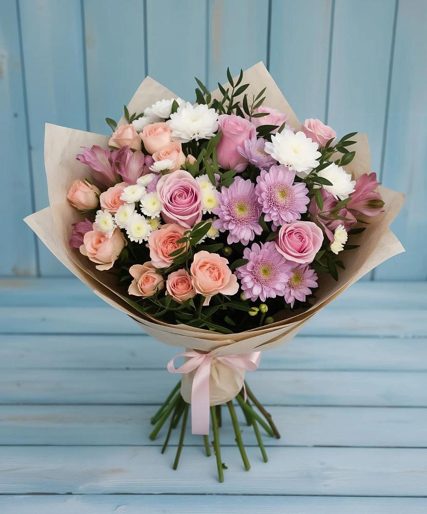Букет цветов из: Хризантемы, Розы и Альстромерии в Большой Джалге