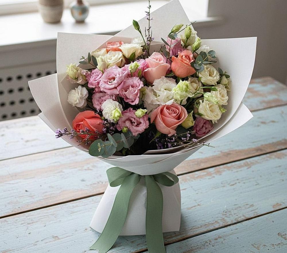 Букет цветов из: Розы, Лизиантусы и Гвоздики в Большой Джалге