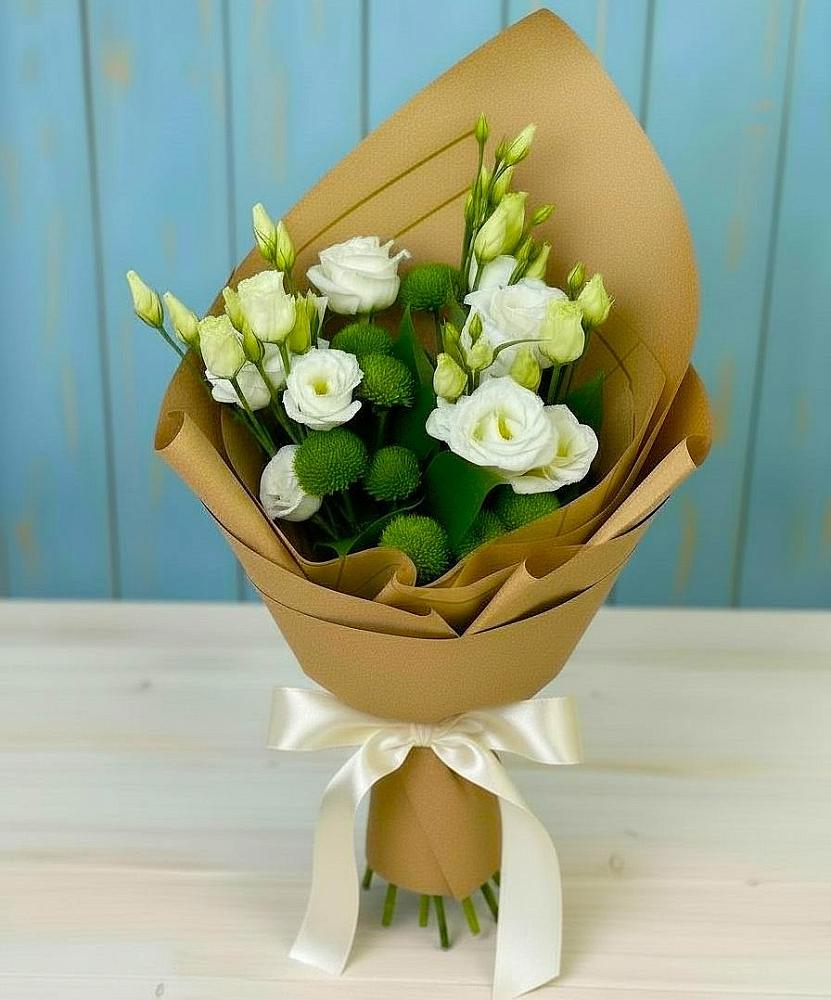 Букет цветов из: Хризантемы и Лизиантусы в Большой Джалге