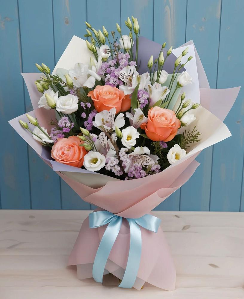 Букет цветов из: Лизиантусы, Розы, Альстромерии и Гипсофила в Большой Джалге