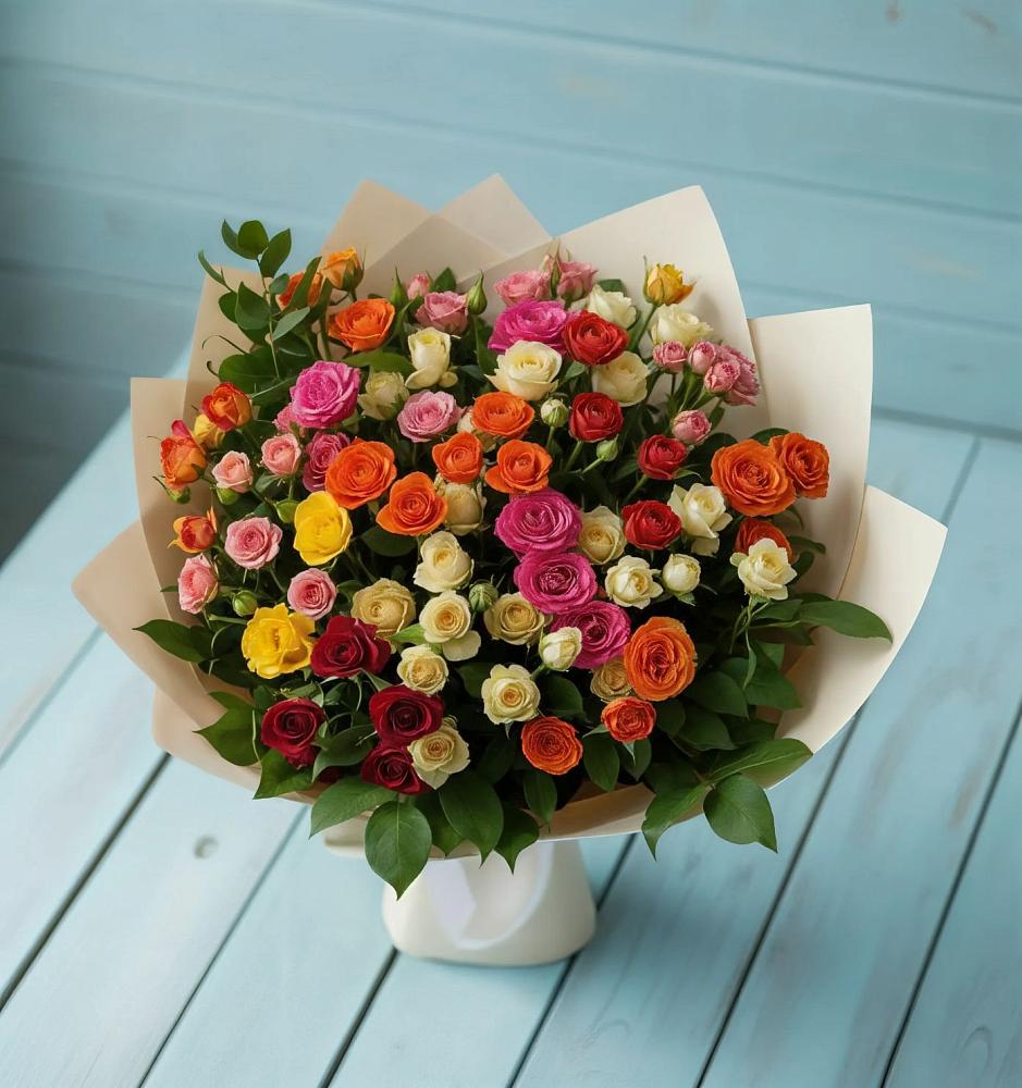 Букет Микс из разноцветных кустовых роз в Большой Джалге