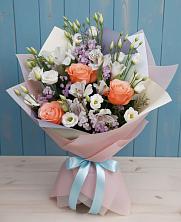 Букет цветов из:  Лизиантусы, Розы, Альстромерии и Гипсофила в Большой Джалге