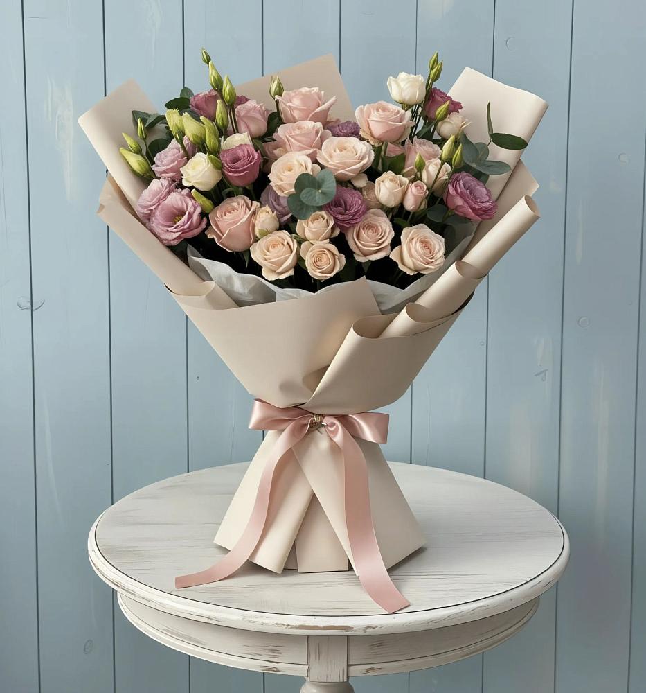 Букет цветов из: Розы и Лизиантусы в Большой Джалге