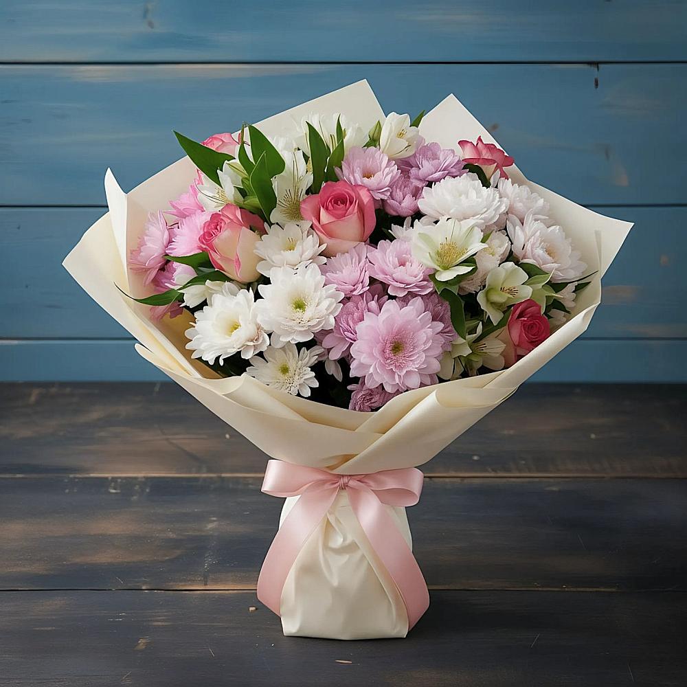 Букет цветов из: Хризантемы, Альстромерии и Розы в Большой Джалге